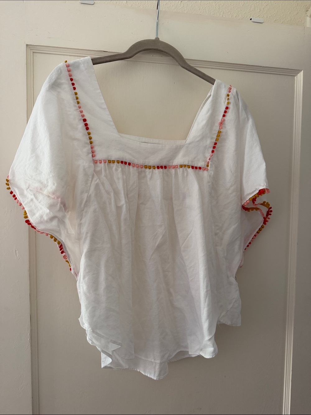 Madewell White Square-Neck Embroidered Blouse with Pink and Yellow Trim